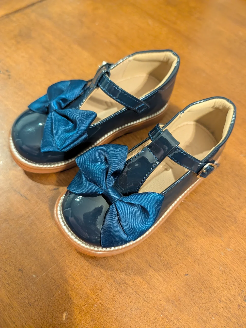 Patent Navy Bow T-Strap Girls Dress Shoes